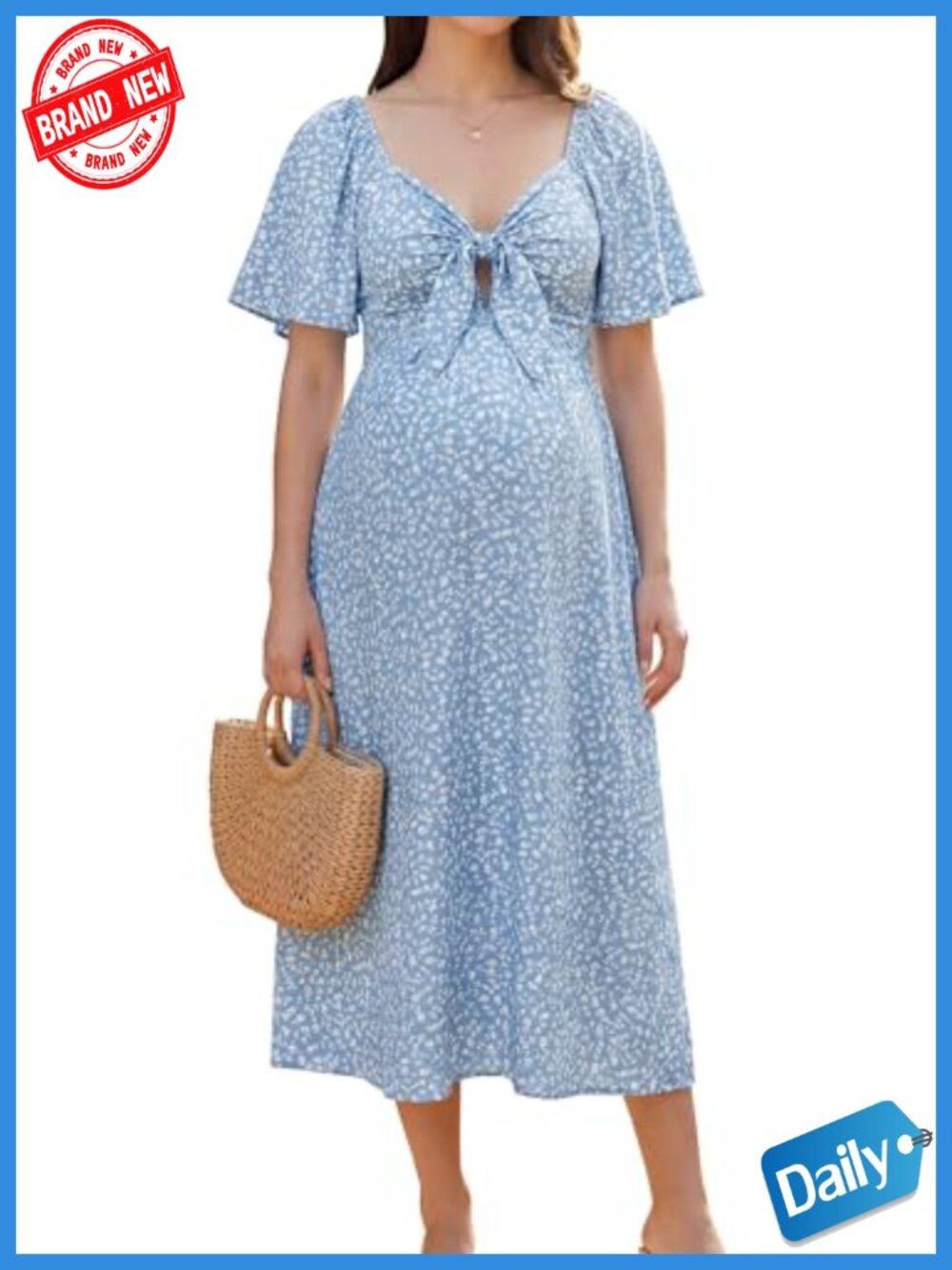 Maternity Midi Dress with Pockets Floral V-Neck Sleeveless Tie Front